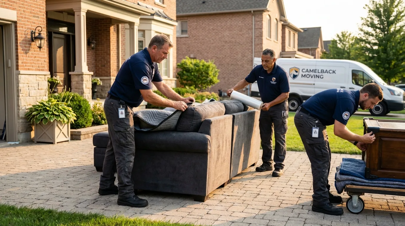 Large estate moving crew wrapping furniture in Cranston, RI