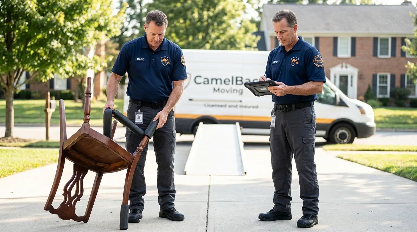 Movers inspecting furniture for damage prevention before loading in Cranston, RI