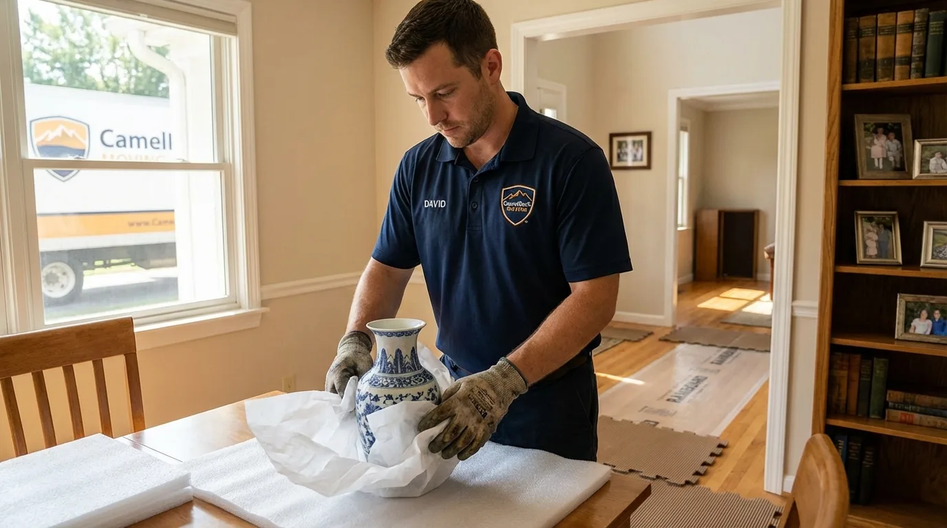 Professional crew carefully wrapping antique vase for senior downsizing move in Cranston, RI